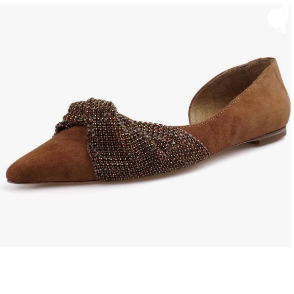 XYD Tan Suede Pointed D'Orsay Flats with Beaded Knot